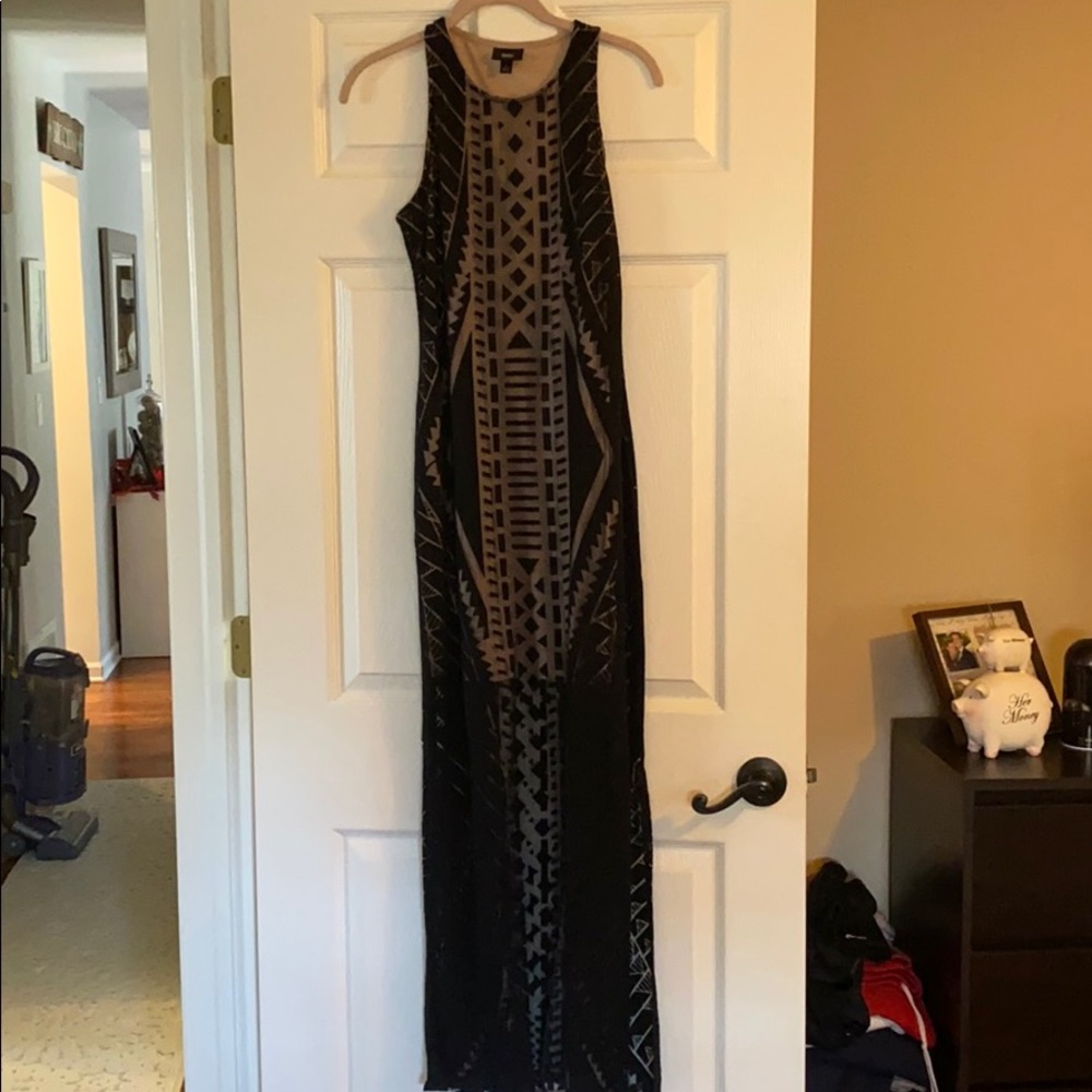 Tan dress with black overlay